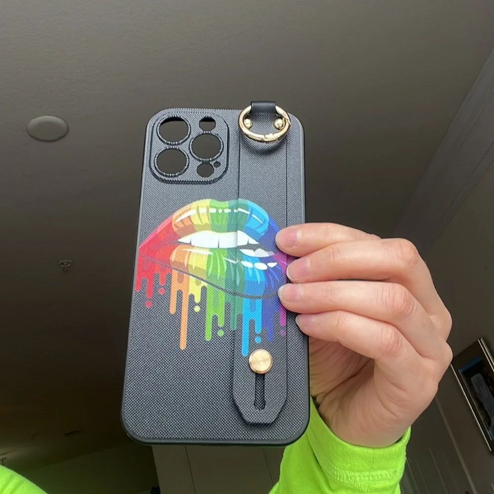 For iPhone 13 pro max phone case with wrist strap kickstand keychain lgbt pride